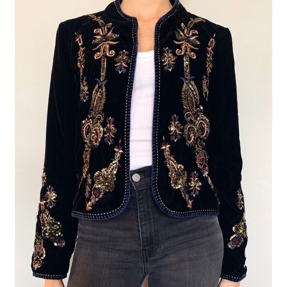 Zara Premium Blazer Jacket Velvet Embroidered Embellished Size Large Luxury Rare